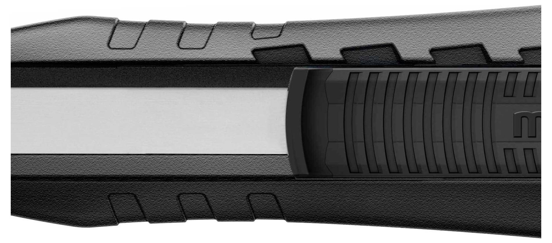 Un gros plan d'une poignée noire et texturée d'un outil ou d'un couteau avec une lame argentée au centre.