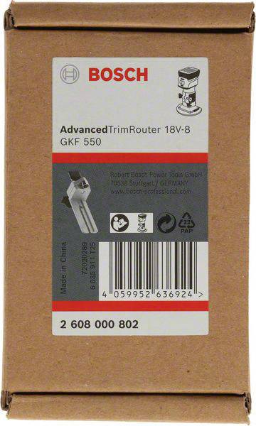 Carton d'une défonceuse Bosch AdvancedTrimRouter 18V-8 GKF 550. Contient une image du produit, un code-barres, un symbole de recyclage et un numéro de série.