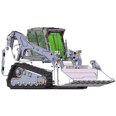 Plan technique d'un véhicule à chenilles équipé d'un godet hydraulique. Illustre les composants techniques et la structure du véhicule.
