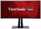 Grand moniteur incurvé avec un fond rouge et l'inscription blanche 'ViewSonic'. À côté, trois oiseaux colorés sont assis.
