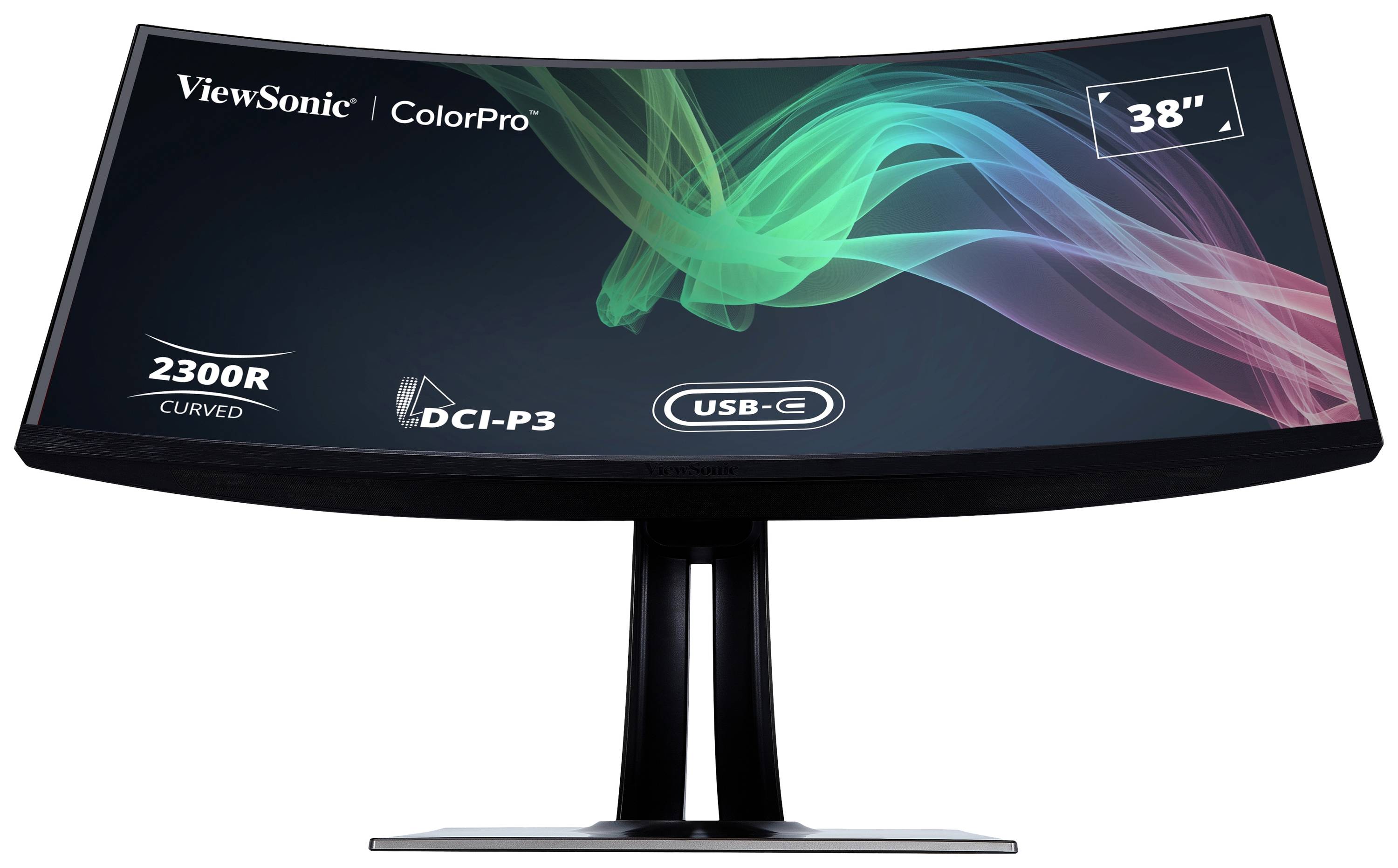 Un moniteur incurvé de ViewSonic, modèle ColorPro, 38 pouces, avec une courbure de 2300R, espace colorimétrique DCI-P3 et port USB-C.