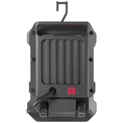 Lampe de travail portable en noir, avec interrupteur marche/arrêt rouge et crochet de suspension. Câble électrique connecté à la partie inférieure.