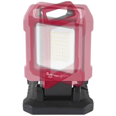 Lampe de travail LED portable rouge avec base noire, adaptée aux chantiers et ateliers, éclairant une grande zone.