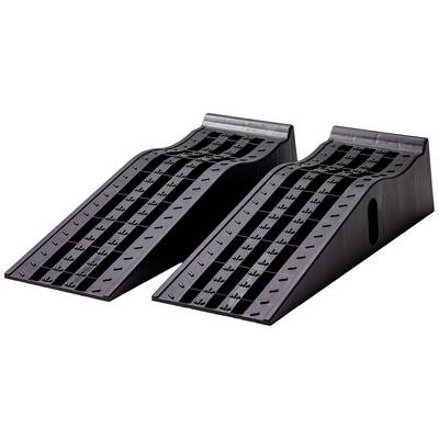 Une paire de rampes en plastique noir à surfaces texturées, pouvant être utilisées pour soulever facilement des véhicules.