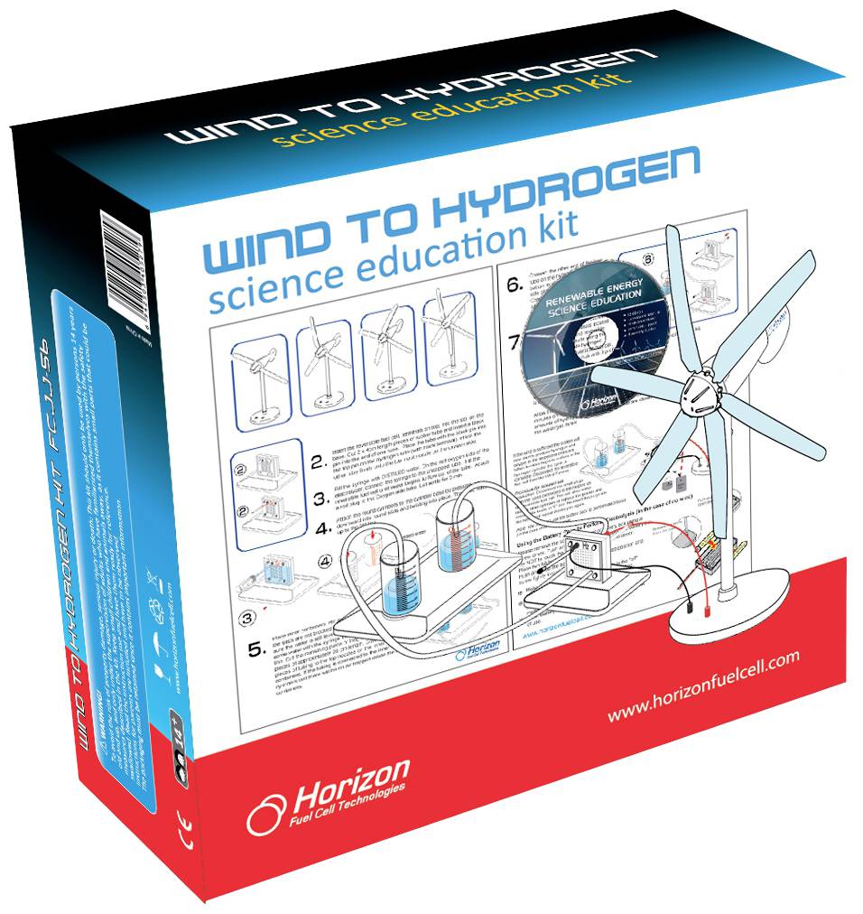 Kit scientifique 'Vent vers Hydrogène' : Comprend un modèle d'éolienne et une station hydrogène avec un guide d'expérimentation.