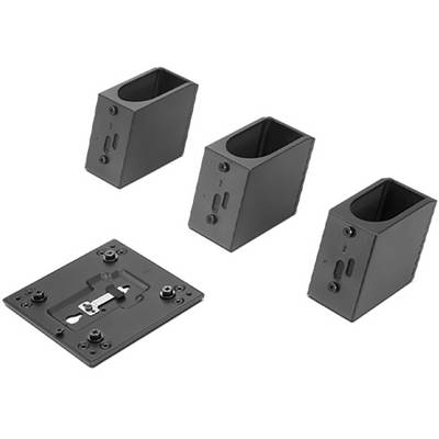 Quatre pièces de montage noires, trois supports rectangulaires et une plaque de base carrée, avec des connexions à vis et à emboîtement.