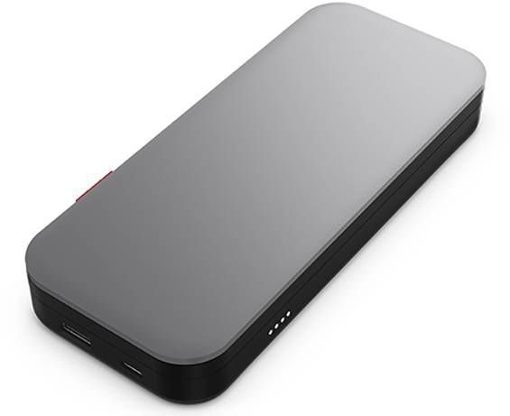 Batterie externe portable avec boîtier lisse gris et plusieurs ports USB sur la face inférieure. Indicateur LED sur le côté.