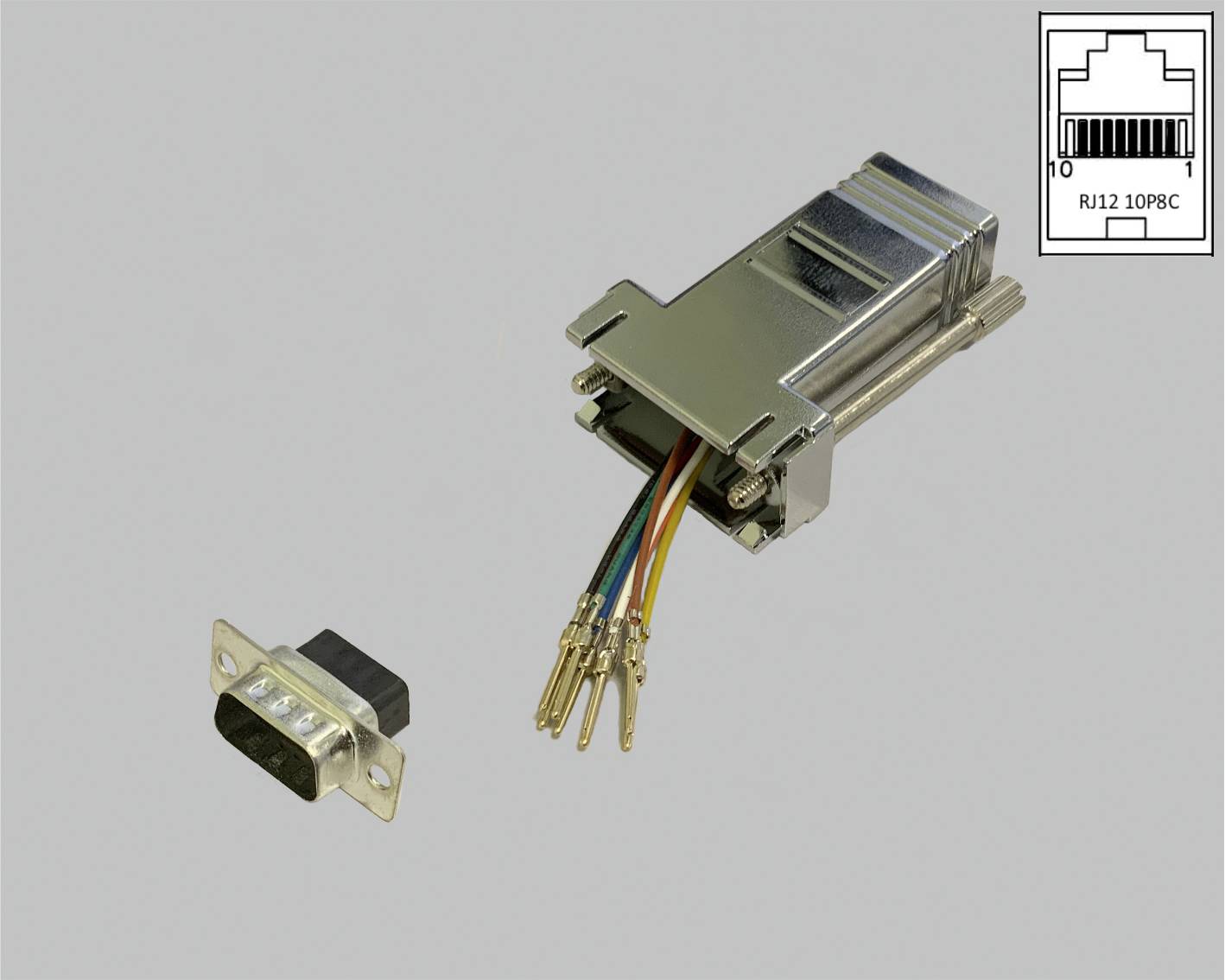 Sur l'image est représenté une fiche adaptateur ouverte avec des câbles colorés, à côté d'une prise. En haut à droite se trouve un schéma de connecteur RJ12.
