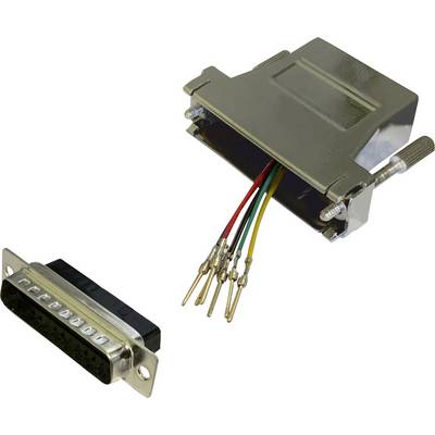 Un connecteur D-Sub ouvert montre des connexions de câbles multicolores vers un boîtier métallique utilisé pour des connexions électriques.