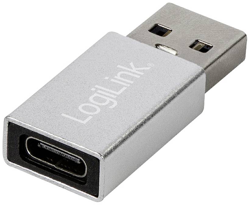 Adaptateur USB de LogiLink, convertissant une fiche USB-A en port USB-C. Boîtier argenté avec impression du logo.