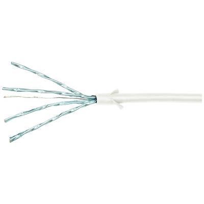 Un câble Ethernet bleu, torsadé par paires, avec quatre paires de fils, partiellement dénudé, sur un fond blanc.
