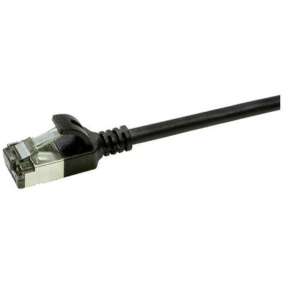Un câble Ethernet noir avec une fiche RJ45 connectée, utilisé pour relier des réseaux.