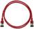 Câble réseau rouge avec deux connecteurs RJ45 à ses extrémités, sur fond blanc, utilisé pour le transfert de données dans les réseaux informatiques.