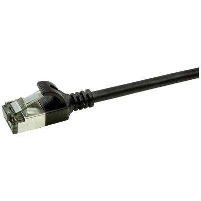 Câble Ethernet noir avec connecteur RJ45. Utilisé pour les connexions réseau et la transmission de données dans les réseaux informatiques.
