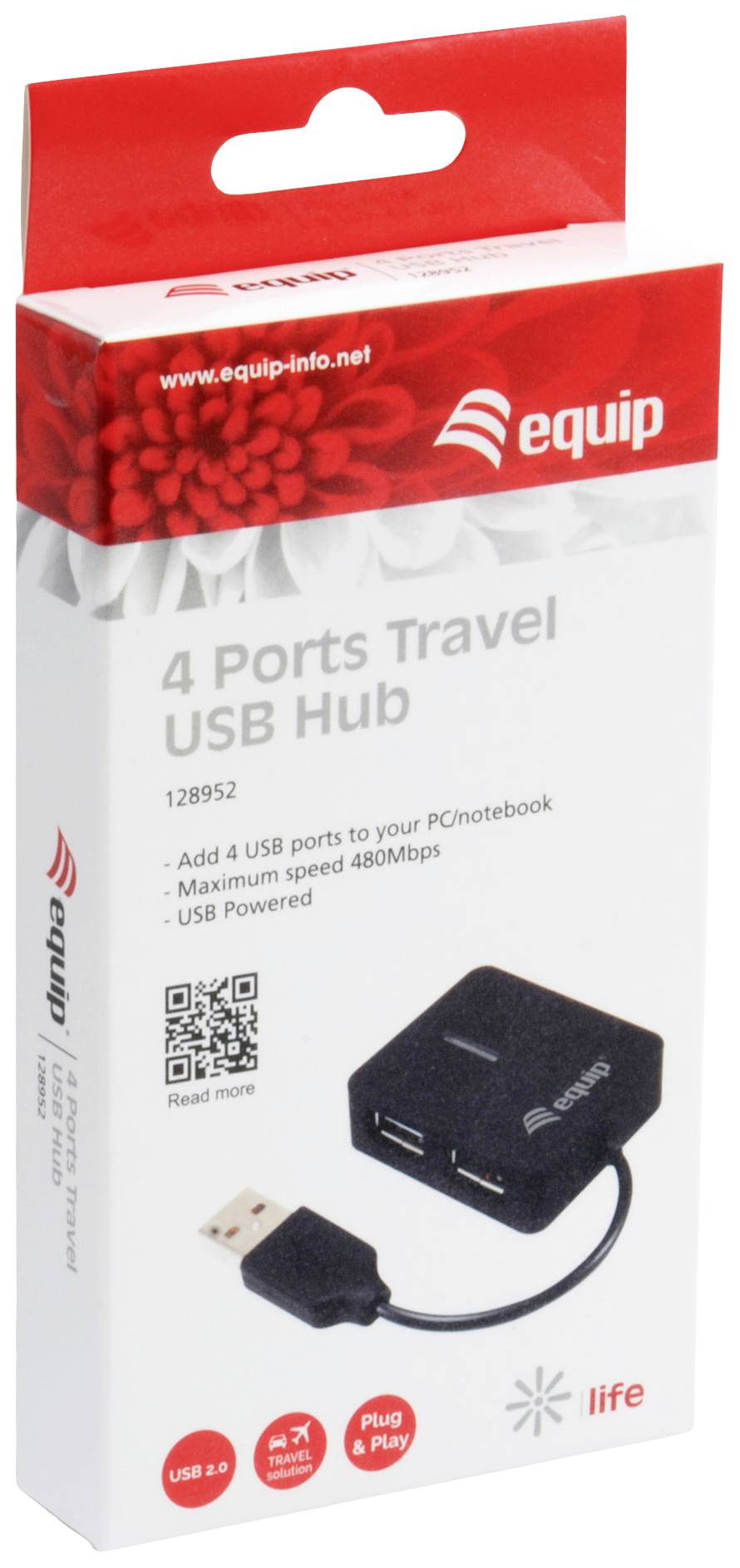 Boîte de hub USB 4 ports, avec image du produit représentant un hub USB noir et texte décrivant les caractéristiques : USB 3.0, Plug & Play, 480 Mbps.