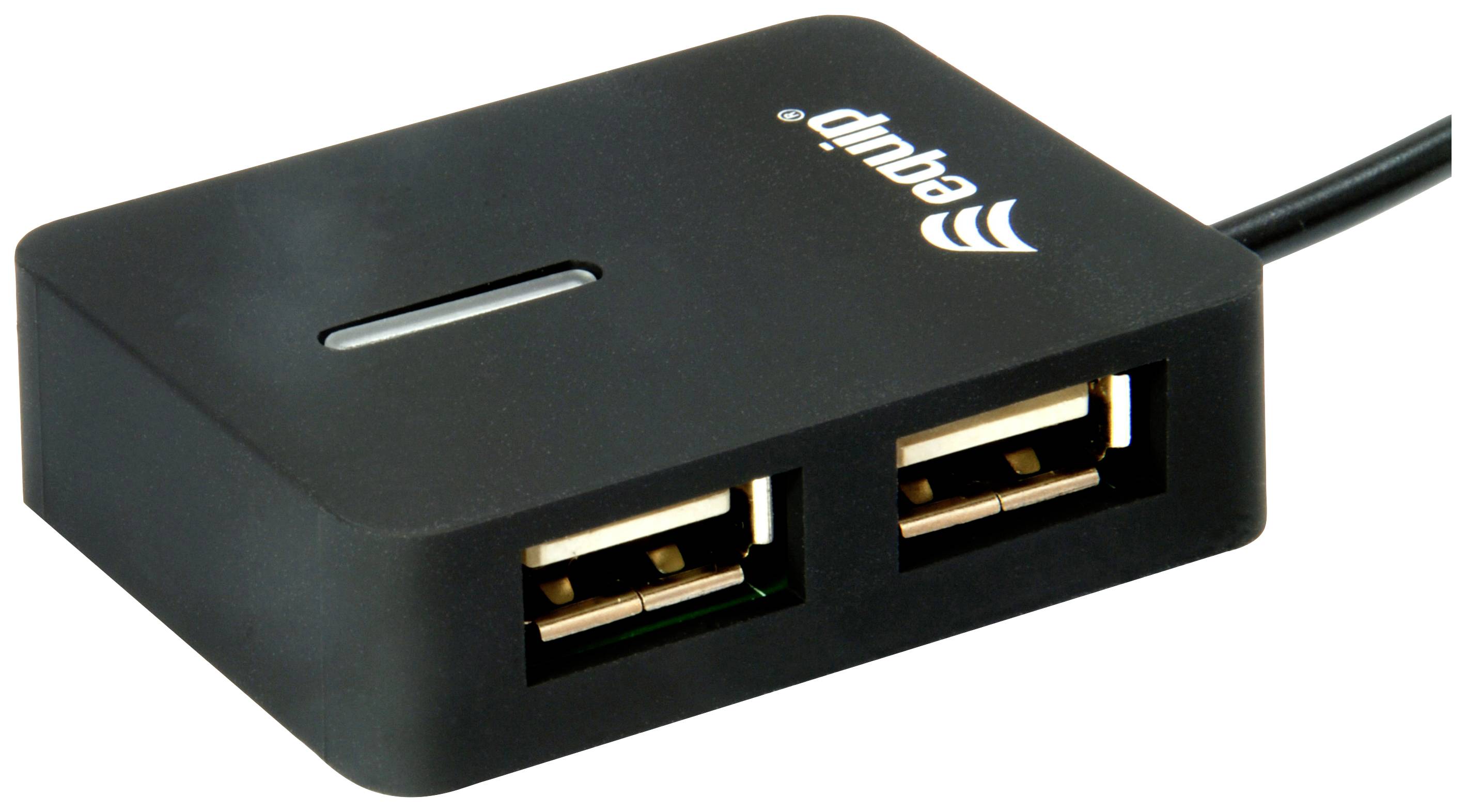 Hub USB double en noir avec câble, nom de marque imprimé. Étend les connexions USB d'un appareil de deux ports supplémentaires.