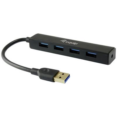 Un hub USB noir avec quatre ports et un câble USB pour se connecter à un ordinateur. Idéal pour étendre le nombre de ports USB disponibles.