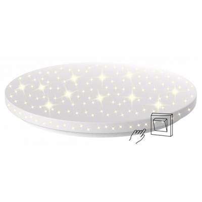 Brille avec de nombreux petits points lumineux qui brillent comme des étoiles. À côté, illustration d'une main touchant un interrupteur.