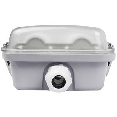 Boîte en plastique grise avec couvercle transparent et presse-étoupe à l'avant. Adaptée pour les installations électroniques.