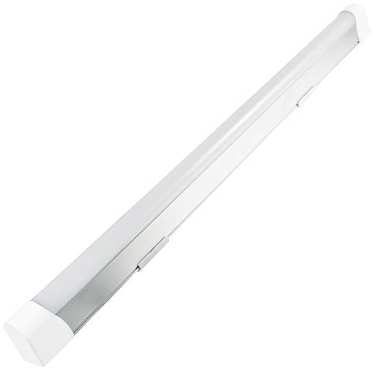 Une longue lampe LED blanche pour montage mural. Elle présente un design élancé et moderne avec des embouts légèrement arrondis.