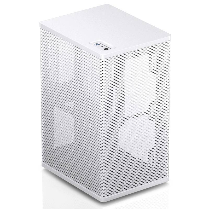 Un boîtier d'ordinateur blanc avec des côtés perforés pour la ventilation, posé verticalement, doté de ports USB en haut.