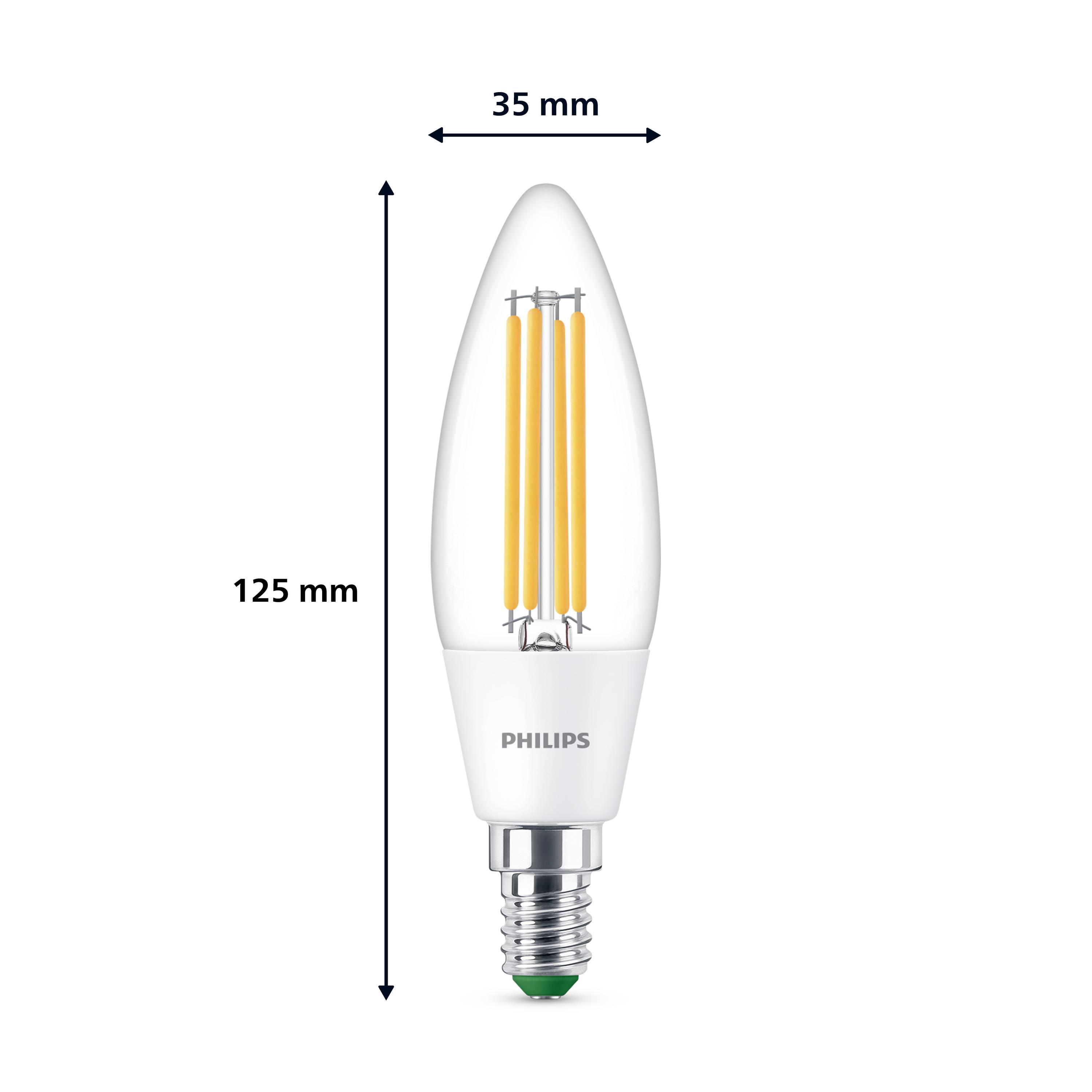 Bougie LED, diamètre de 35 mm, hauteur de 125 mm, culot E14, transparente avec deux filaments orangés, marque Philips, adaptée pour l'éclairage décoratif.