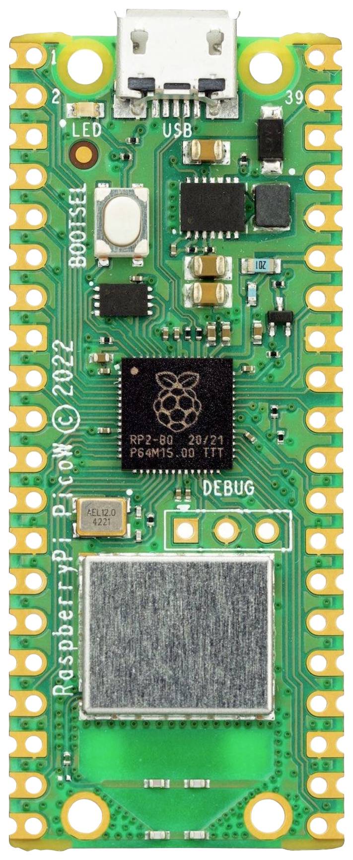 Un carte de microcontrôleur Raspberry Pi Pico W vert avec plusieurs composants et connecteurs visibles, y compris un port USB.