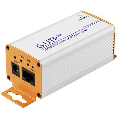 Transceiver PoE orange et blanc portant l'inscription 'G.UTP 2Gbps PoE over UTP Transceiver'. Possède des connexions pour TWP et PoE.