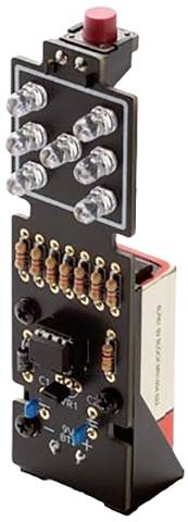 Un composant électrique avec plusieurs voyants LED et résistances, monté sur un circuit imprimé. Un bouton rouge est situé en haut.