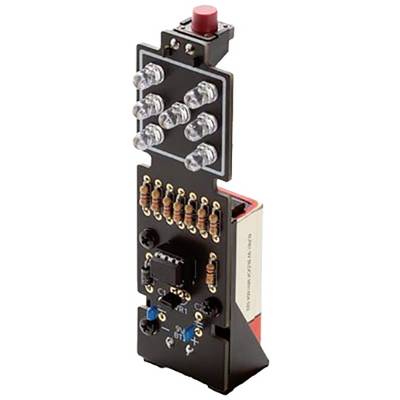 Un composant électrique avec plusieurs voyants LED et résistances, monté sur un circuit imprimé. Un bouton rouge est situé en haut.