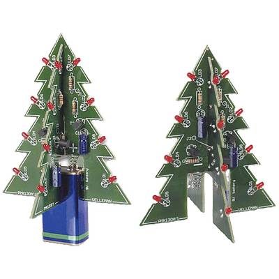 Deux circuits électroniques en forme de sapin de Noël avec des LED rouges et divers composants électroniques dessus.