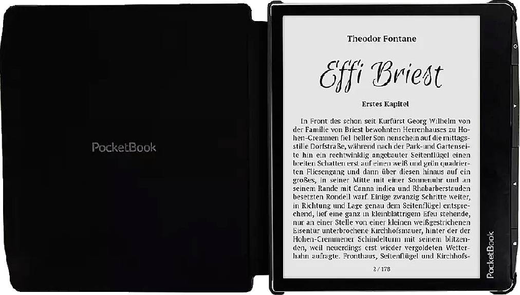 Lecteur électronique ouvert à la page 1 du livre 'Effi Briest' de Theodor Fontane. Texte du premier chapitre affiché sur l'écran.