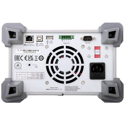 Vue arrière d'un appareil électronique avec des connexions et un ventilateur. Comprend des ports USB, des E/S numériques, une interface RS-232 et une prise d'alimentation.