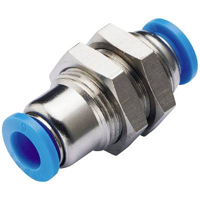 Élément de connexion métallique avec des extrémités en plastique bleu, utilisé dans les systèmes pneumatiques pour connecter des tubes ou des tuyaux.