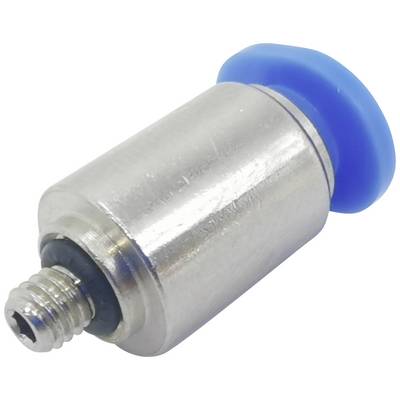 Goujon métallique argenté avec une tête en plastique bleu et un filetage, probablement un composant technique ou un connecteur.