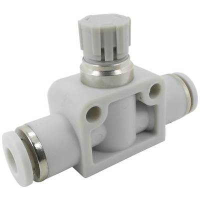 Une vanne de régulation de débit en plastique blanc avec des bagues métalliques aux raccordements ; adaptée au contrôle des liquides ou des gaz.