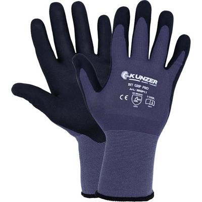 Deux gants de travail portant l'inscription 'Kunzer' et des certifications de sécurité. Bleu foncé avec zone de préhension noire.