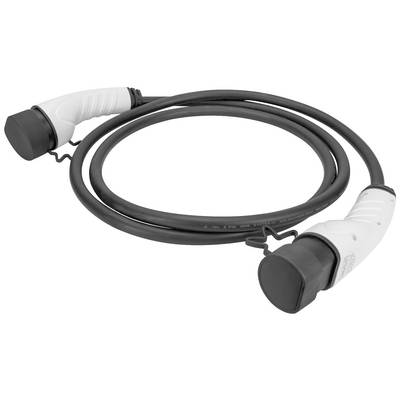 Un câble noir avec des embouts blancs, utilisé pour charger des véhicules électriques, sur fond blanc.