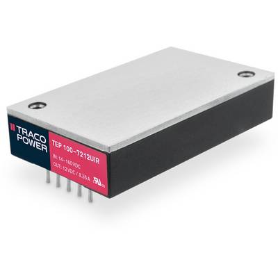 Module électronique rectangulaire avec boîtier métallique et connecteurs enfichables. Le label 'TRACO POWER TEP 100-7212UIR' est apposé sur le côté.