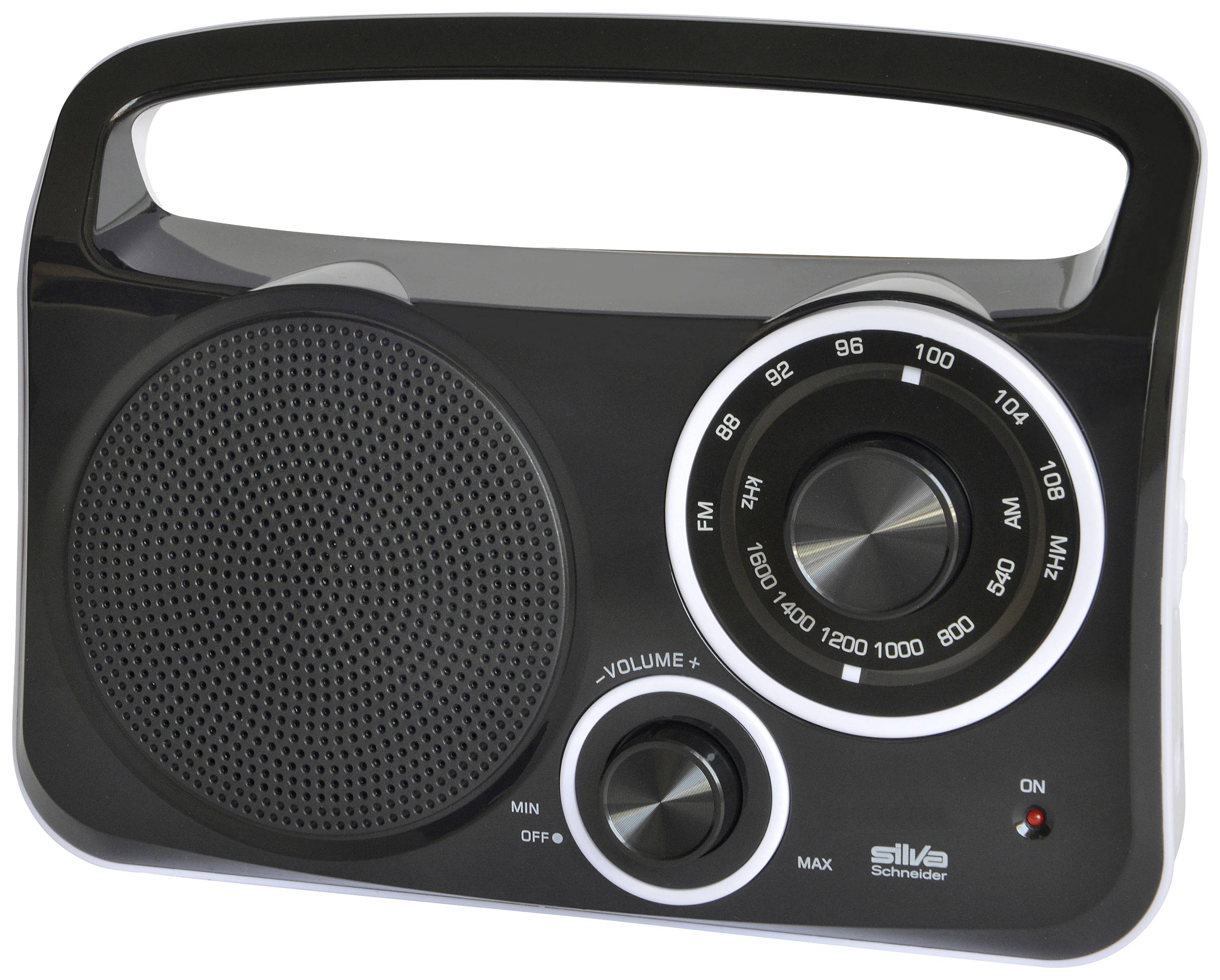 Un poste radio portable noir avec un grand haut-parleur, des réglages de fréquence FM/AM et un contrôle de volume.