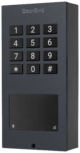 Serrure électronique noire avec clavier numérique, nom de marque 'DoorBird' en haut, touches de 0 à 9 et symboles '*' et '#'.