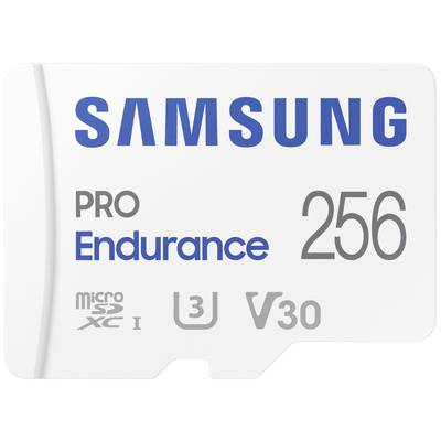 Carte microSDXC Samsung blanche de 256 Go avec l'inscription « PRO Endurance », symboles des classes de vitesse U3 et V30.