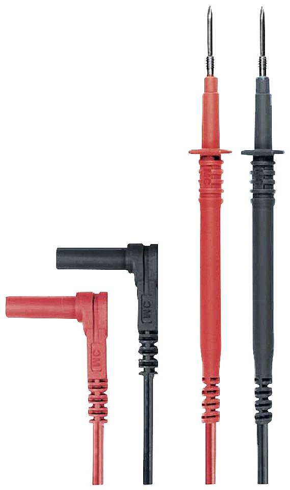 Deux lignes de mesure, l'une rouge et l'autre noire, avec des connecteurs et des pointes de test, utilisées dans les appareils de mesure électroniques.