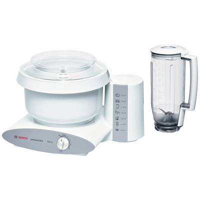 Robot culinaire avec bol à mélanger et accessoire mixeur de Bosch. Design blanc, plusieurs commandes, adapté pour mixer et pétrir.