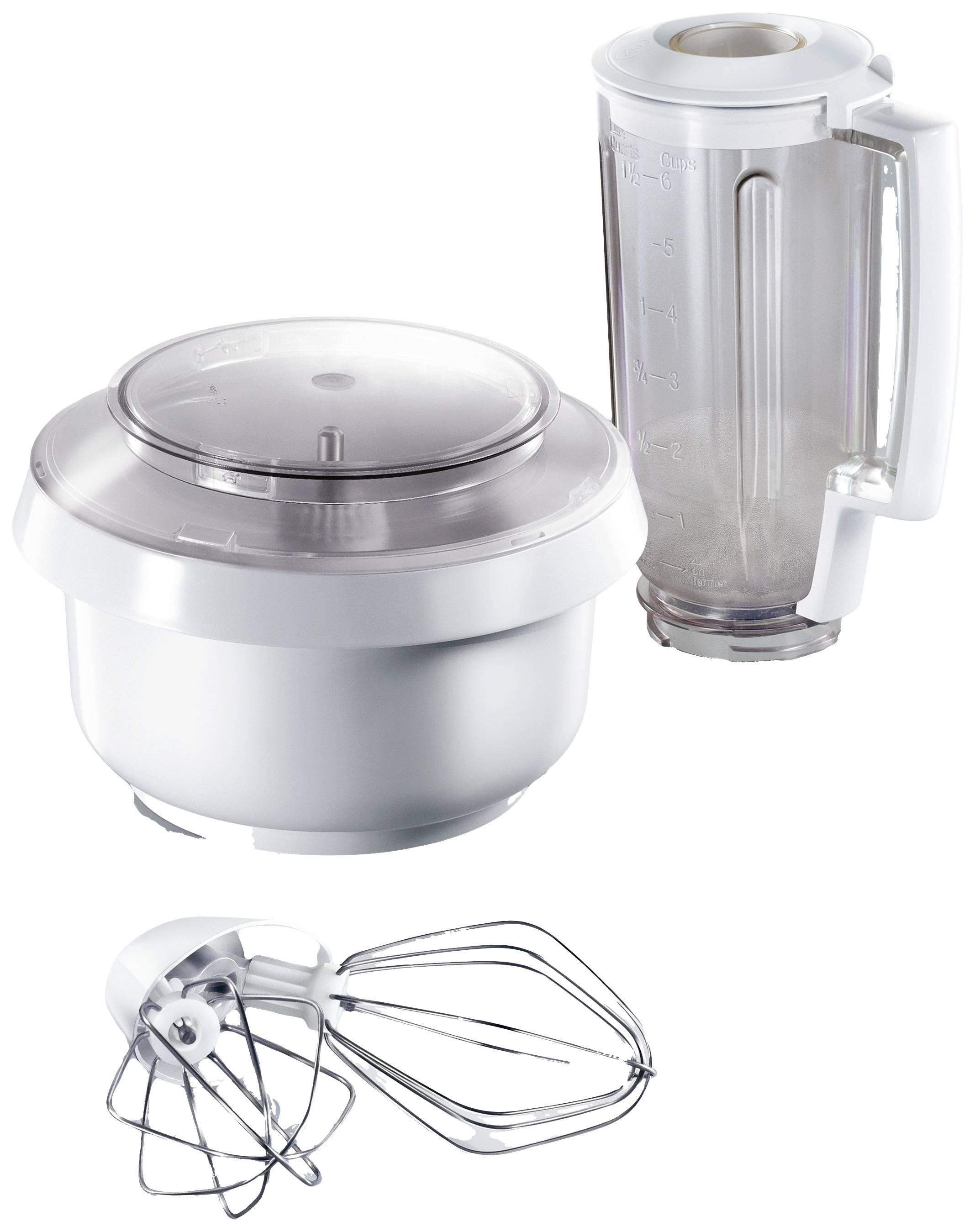 Robot de cuisine avec accessoire mixeur, bol avec couvercle et fouet. Adapté pour mixer, battre et pétrir.