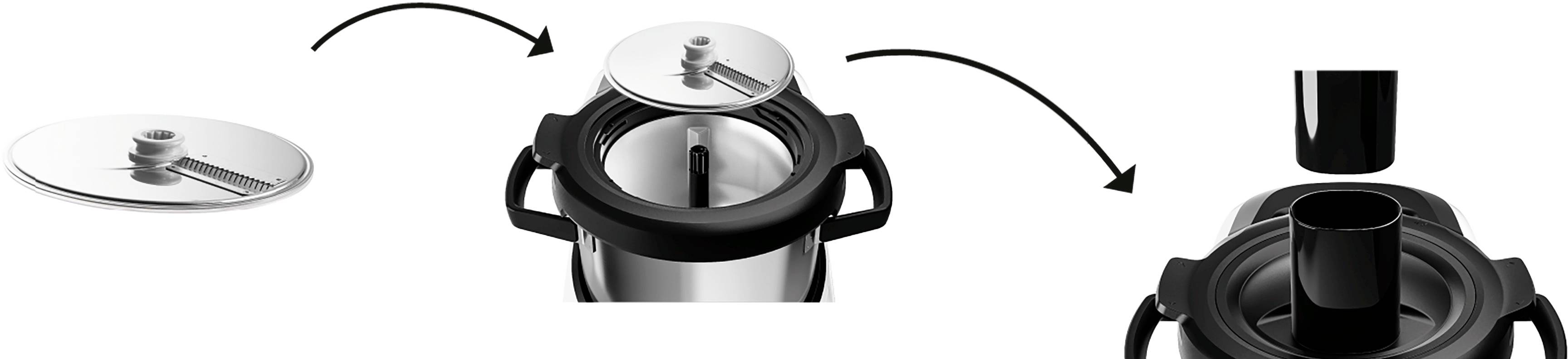 Le diagramme montre le guide étape par étape pour fixer le couvercle avec un mécanisme à vis sur un appareil de cuisine.