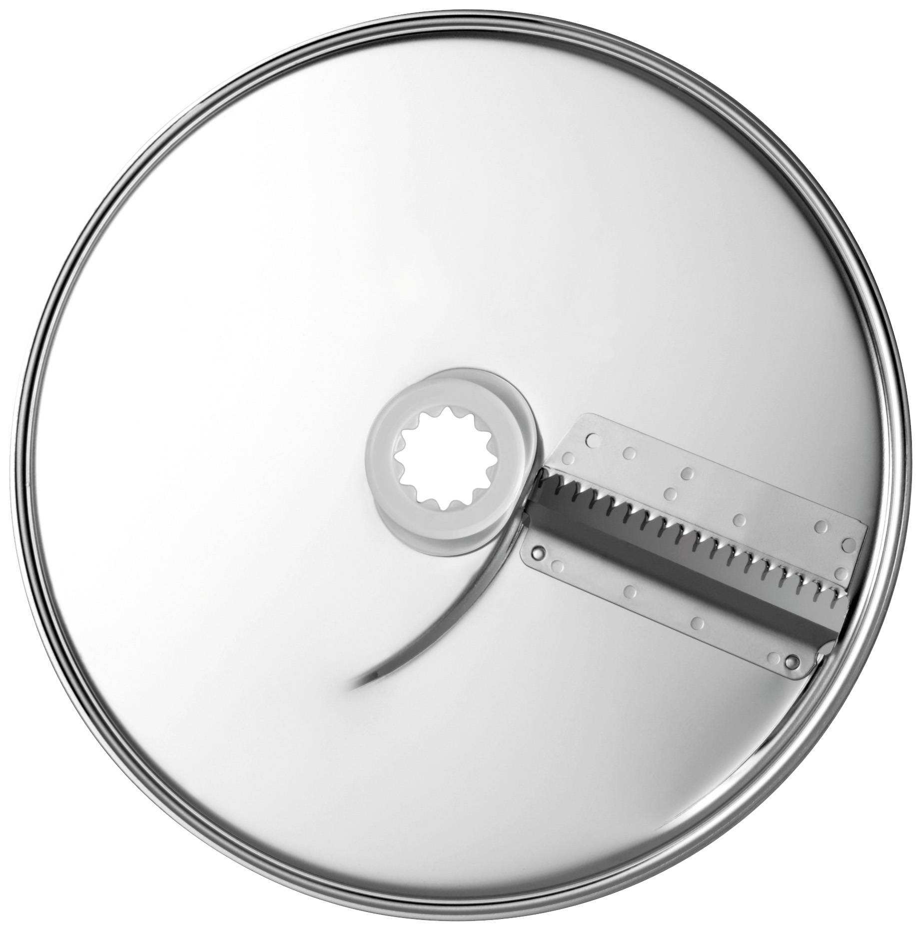 Disque métallique rond avec insertion de coupe dentelée, probablement partie d'un appareil de cuisine.