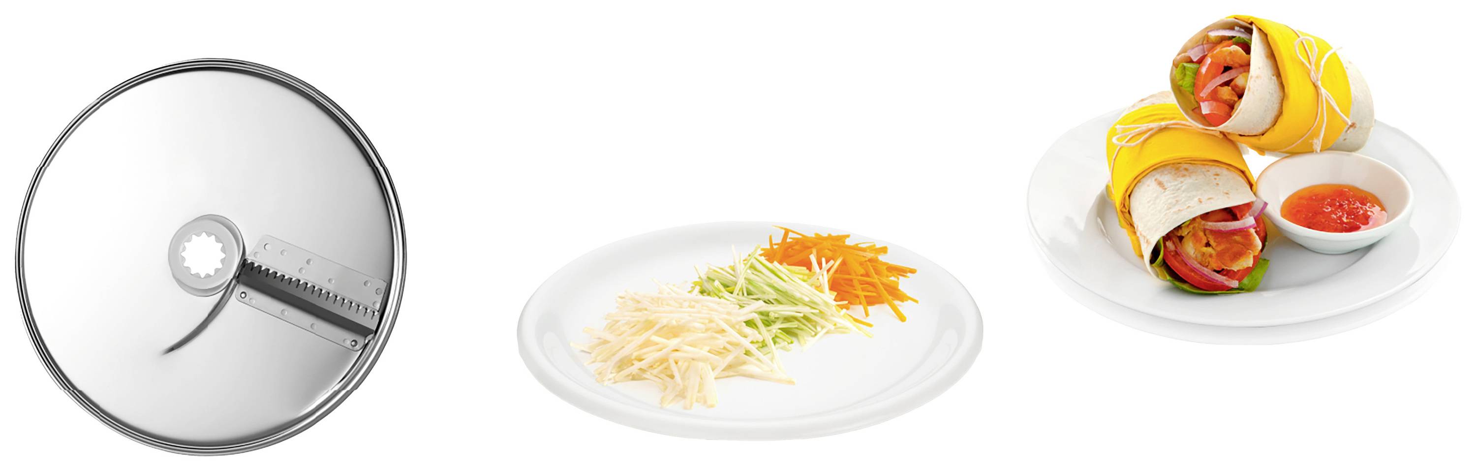 Liens : Un disque métallique denté. Au milieu : Des carottes râpées et du chou sur une assiette. À droite : Des wraps avec des légumes et de la sauce.