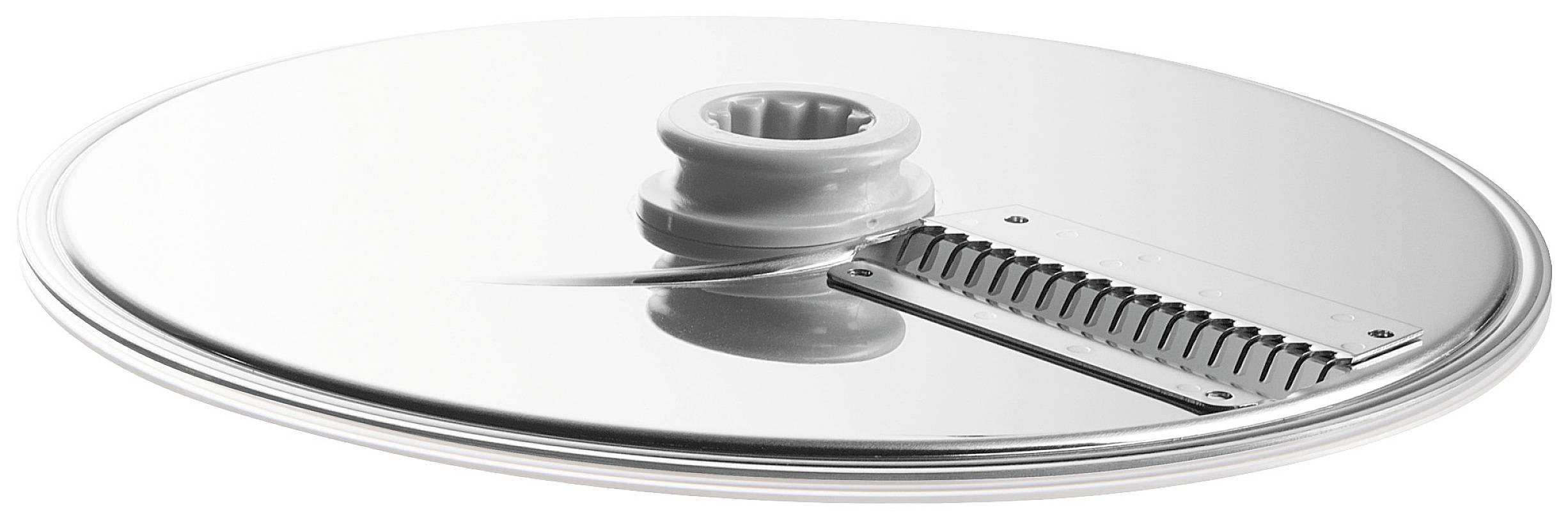 Disque métallique à bord strié et poignée centrale, probablement un composant d'un ustensile de cuisine destiné à la préparation des aliments.