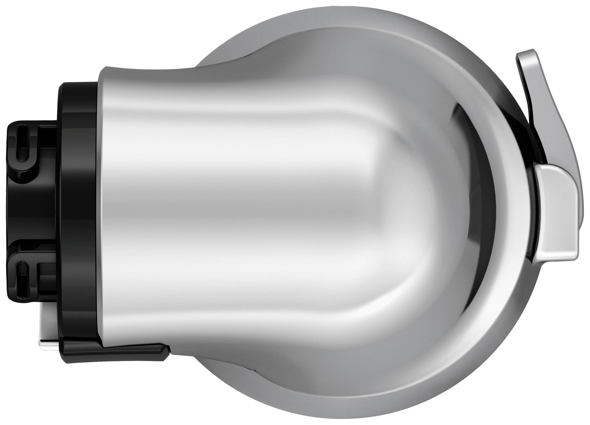 Serrure de porte argentée vue de dessus, cylindrique, avec un trou de serrure noir et un petit levier sur le côté droit ; accessoire de sécurité.